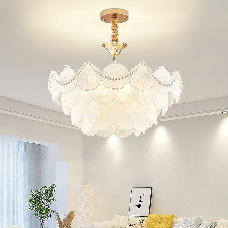 Traditional French Round Base Shell Pearl Frosted Glass Iron 5/7/9/12/21/8-Light Chandelier For Living Room