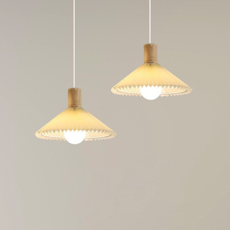 Contemporary Nordic Cone Pleated Fabric Wood 1-Light Pendant Light For Living Room