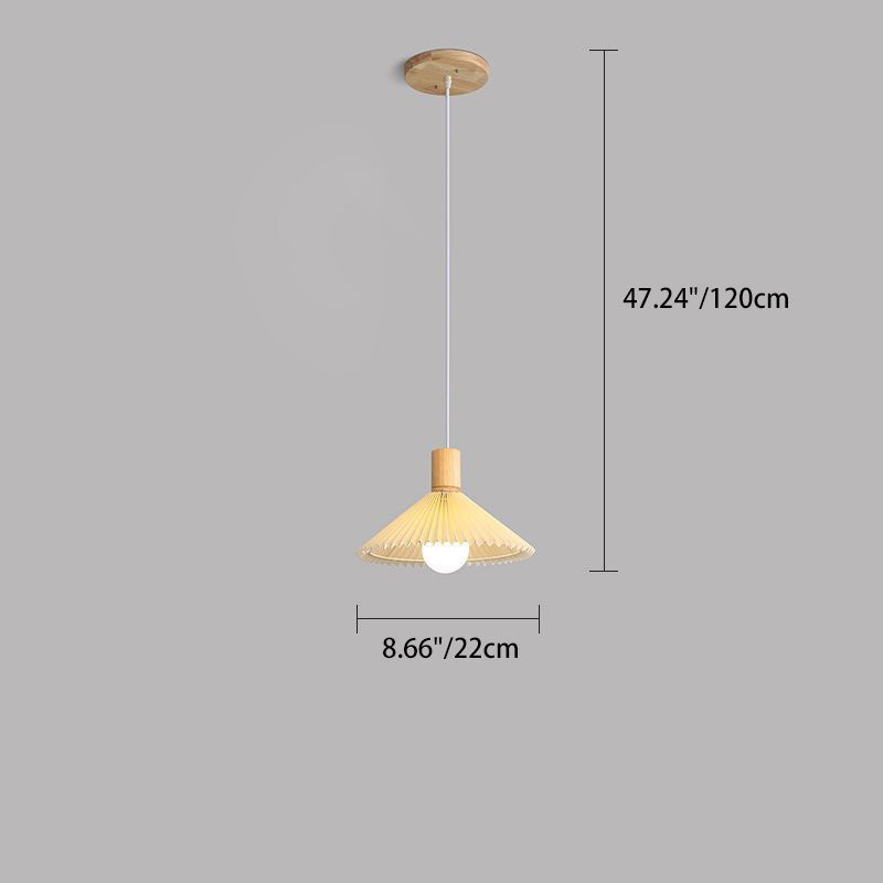 Contemporary Nordic Cone Pleated Fabric Wood 1-Light Pendant Light For Living Room
