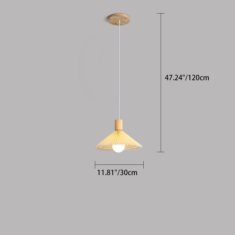 Contemporary Nordic Cone Pleated Fabric Wood 1-Light Pendant Light For Living Room