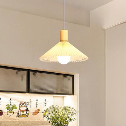 Contemporary Nordic Cone Pleated Fabric Wood 1-Light Pendant Light For Living Room