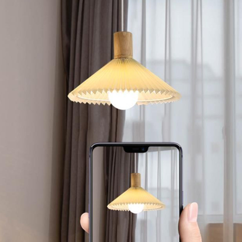 Contemporary Nordic Cone Pleated Fabric Wood 1-Light Pendant Light For Living Room