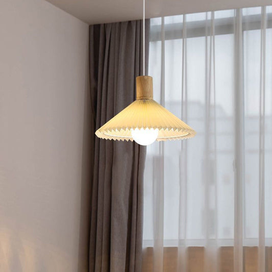 Contemporary Nordic Cone Pleated Fabric Wood 1-Light Pendant Light For Living Room