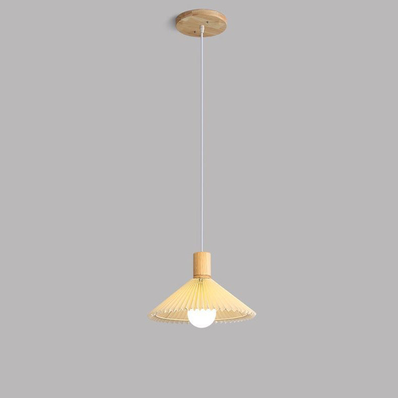 Contemporary Nordic Cone Pleated Fabric Wood 1-Light Pendant Light For Living Room