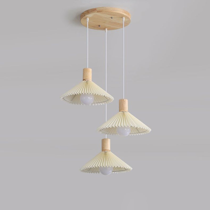 Contemporary Nordic Round Long Plate Conical Pleated Fabric Wood 3-Light Chandeliers For Living Room