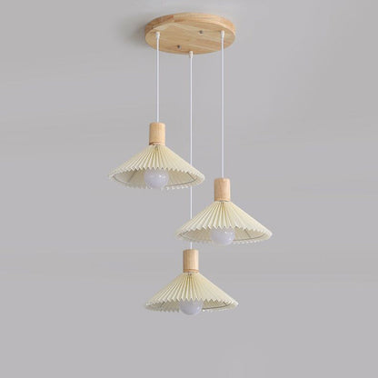 Contemporary Nordic Round Long Plate Conical Pleated Fabric Wood 3-Light Chandeliers For Living Room