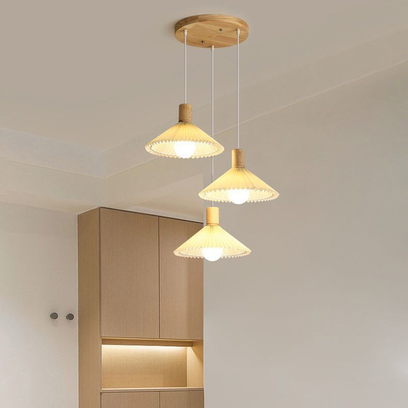 Contemporary Nordic Round Long Plate Conical Pleated Fabric Wood 3-Light Chandeliers For Living Room