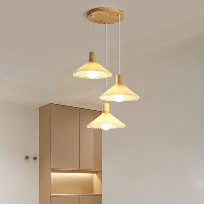 Contemporary Nordic Round Long Plate Conical Pleated Fabric Wood 3-Light Chandeliers For Living Room