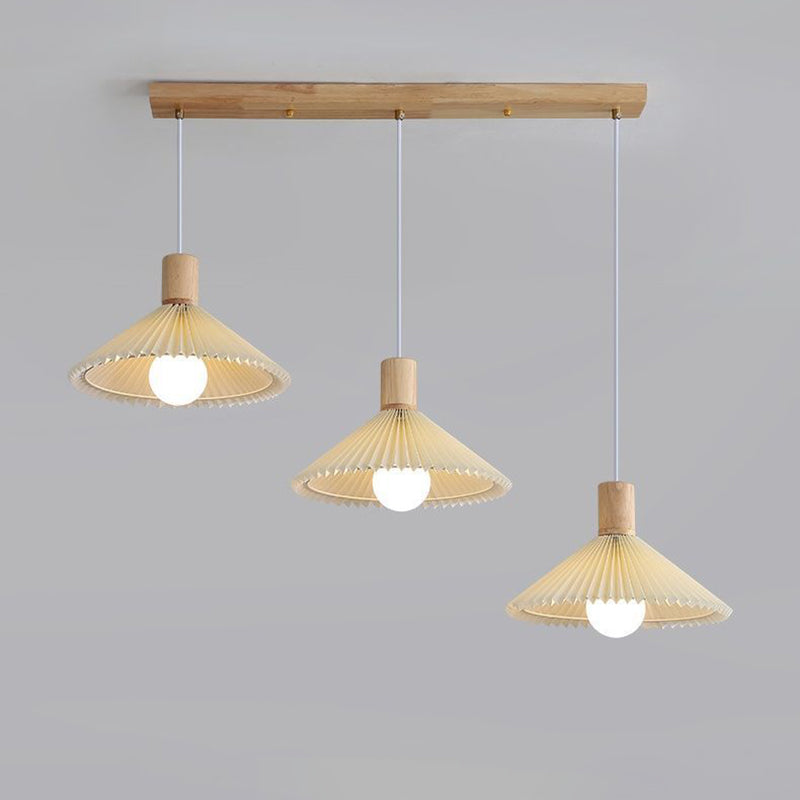 Contemporary Nordic Round Long Plate Conical Pleated Fabric Wood 3-Light Chandeliers For Living Room