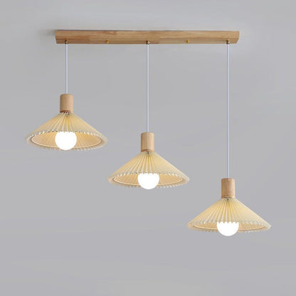 Contemporary Nordic Round Long Plate Conical Pleated Fabric Wood 3-Light Chandeliers For Living Room