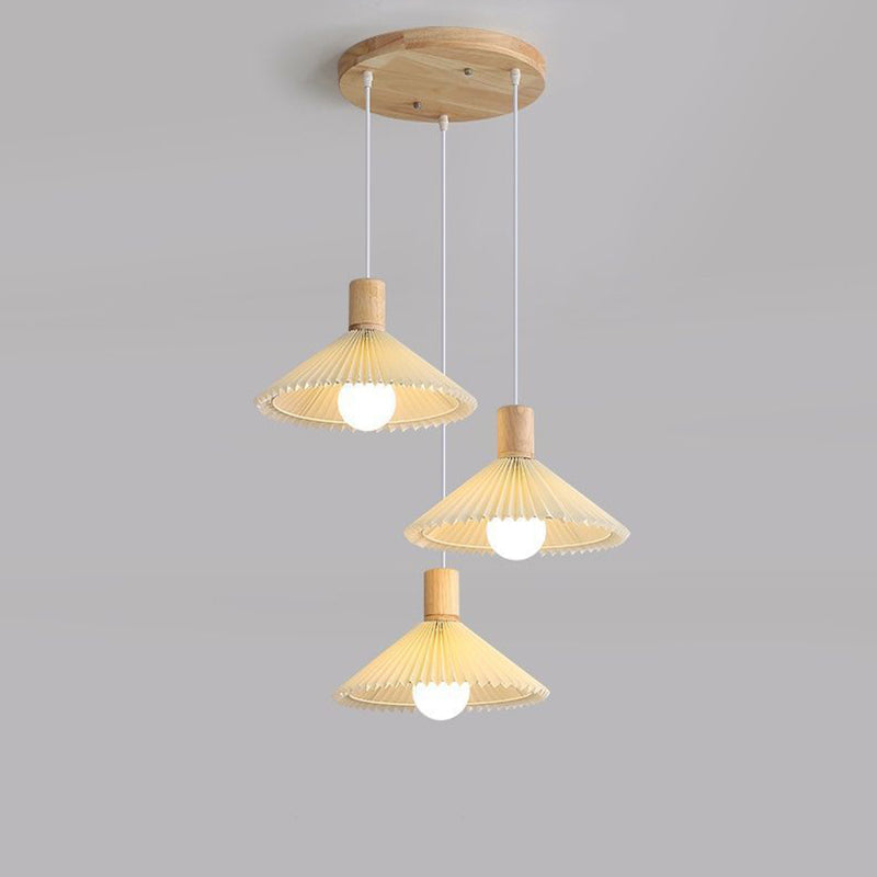 Contemporary Nordic Round Long Plate Conical Pleated Fabric Wood 3-Light Chandeliers For Living Room