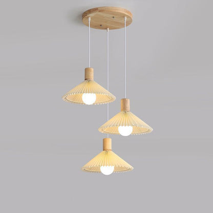 Contemporary Nordic Round Long Plate Conical Pleated Fabric Wood 3-Light Chandeliers For Living Room