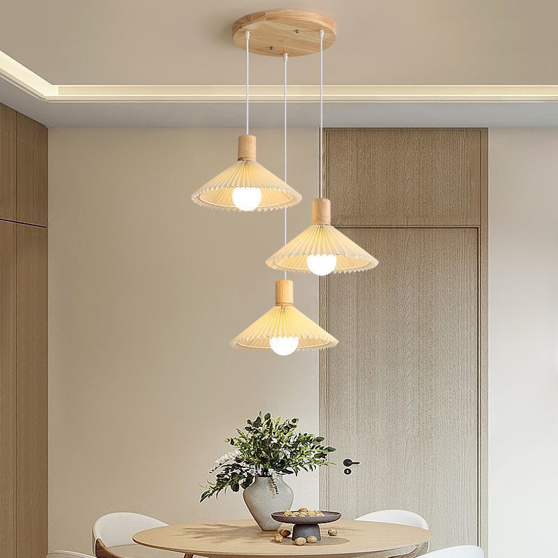 Contemporary Nordic Round Long Plate Conical Pleated Fabric Wood 3-Light Chandeliers For Living Room