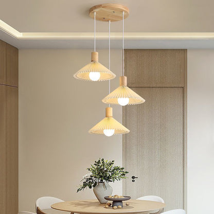 Contemporary Nordic Round Long Plate Conical Pleated Fabric Wood 3-Light Chandeliers For Living Room