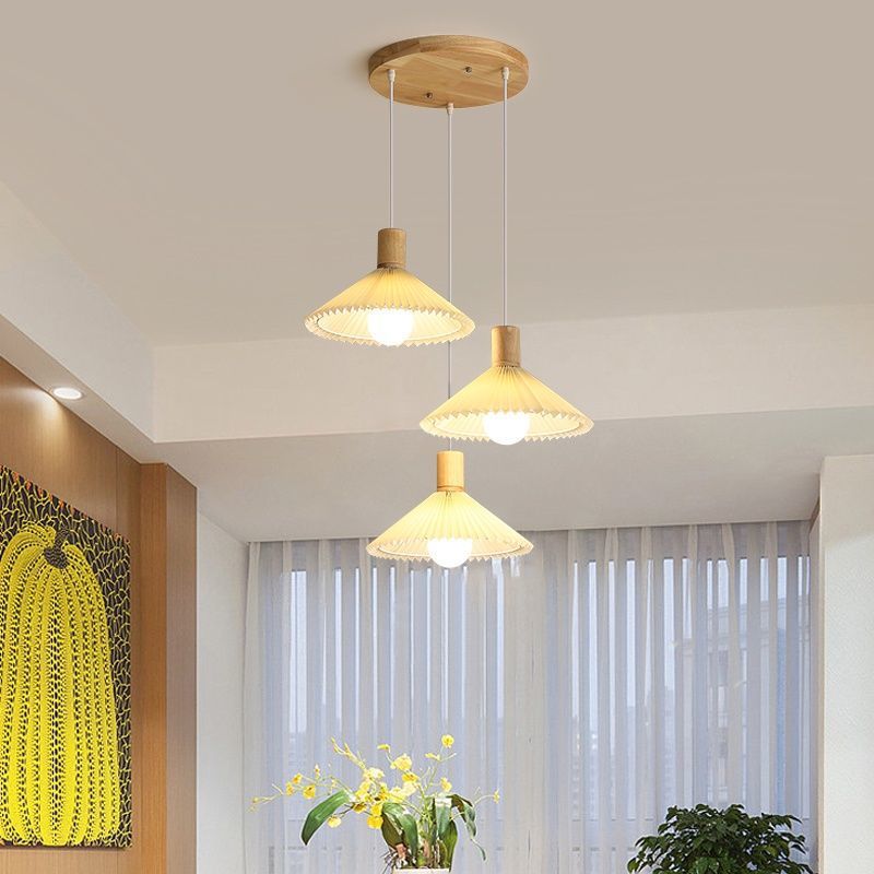 Contemporary Nordic Round Long Plate Conical Pleated Fabric Wood 3-Light Chandeliers For Living Room