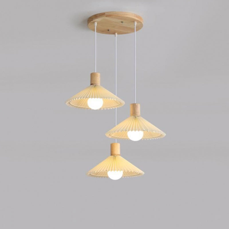 Contemporary Nordic Round Long Plate Conical Pleated Fabric Wood 3-Light Chandeliers For Living Room