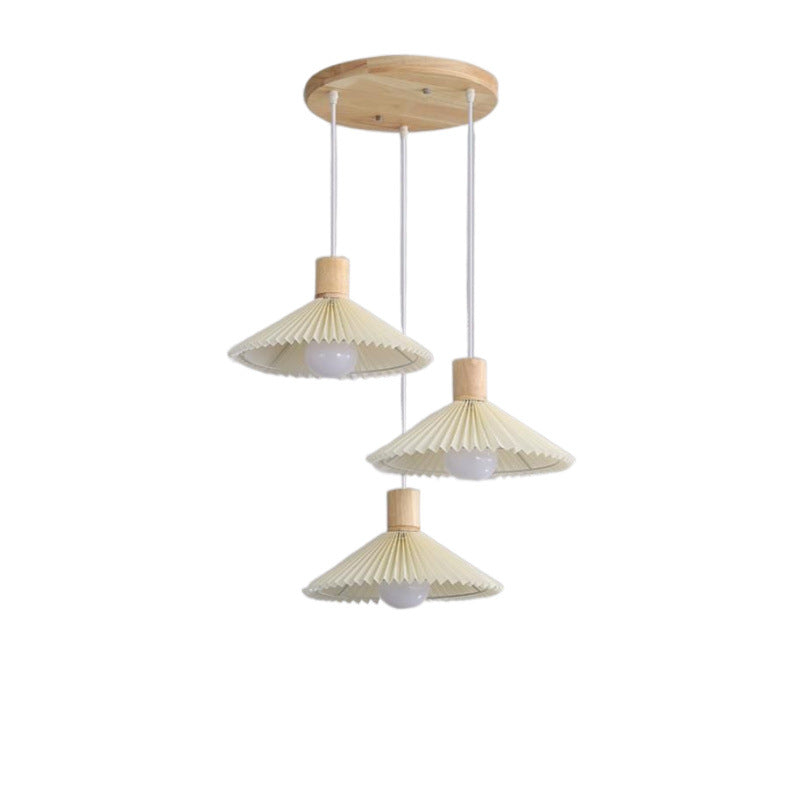 Contemporary Nordic Round Long Plate Conical Pleated Fabric Wood 3-Light Chandeliers For Living Room