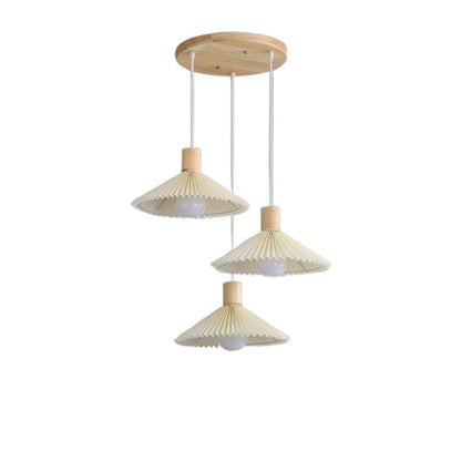 Contemporary Nordic Round Long Plate Conical Pleated Fabric Wood 3-Light Chandeliers For Living Room