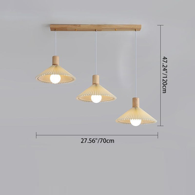 Contemporary Nordic Round Long Plate Conical Pleated Fabric Wood 3-Light Chandeliers For Living Room