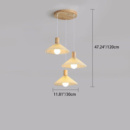 Contemporary Nordic Round Long Plate Conical Pleated Fabric Wood 3-Light Chandeliers For Living Room
