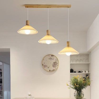 Contemporary Nordic Round Long Plate Conical Pleated Fabric Wood 3-Light Chandeliers For Living Room