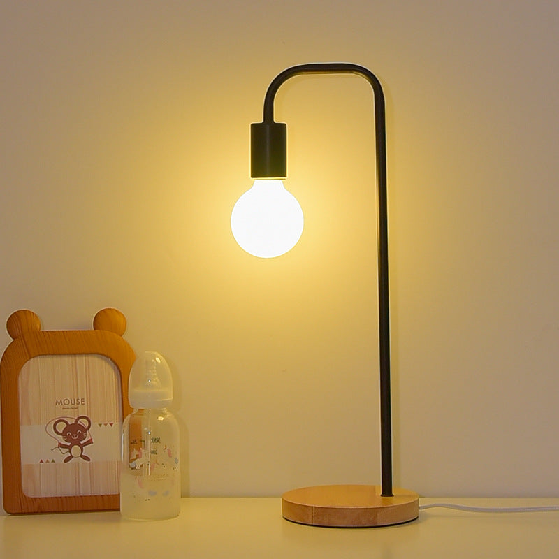 Modern Minimalist Bent Iron Wood Base 1-Light Table Lamp For Living Room