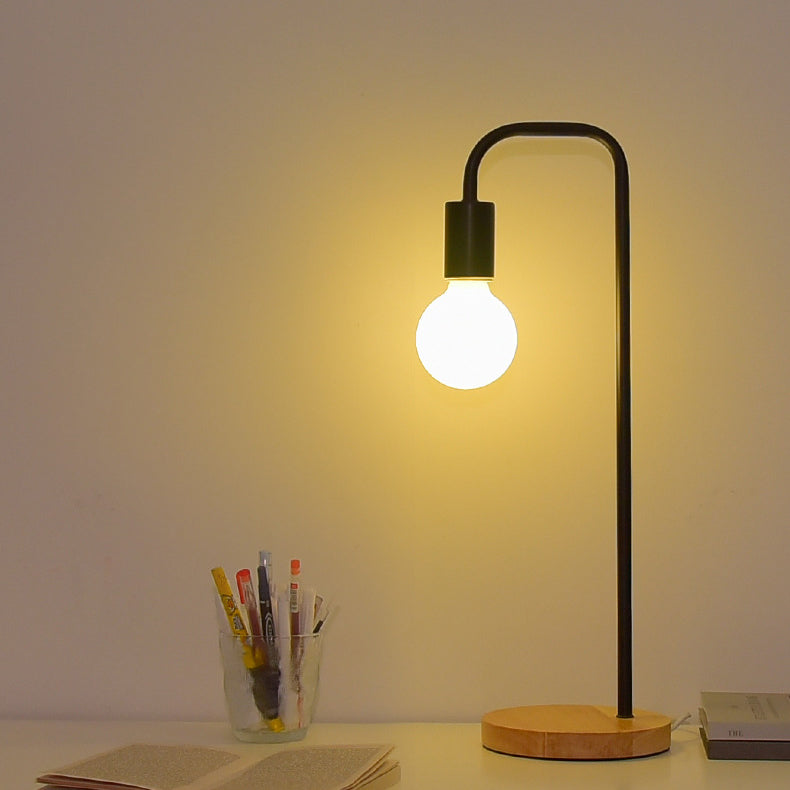 Modern Minimalist Bent Iron Wood Base 1-Light Table Lamp For Living Room