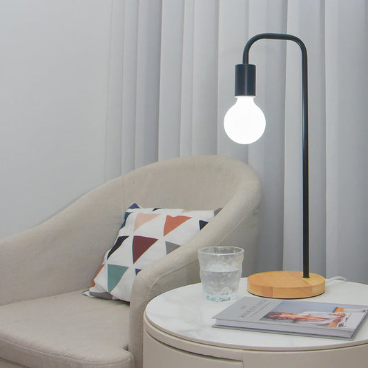 Modern Minimalist Bent Iron Wood Base 1-Light Table Lamp For Living Room
