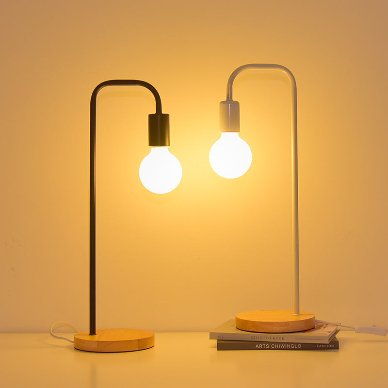 Modern Minimalist Bent Iron Wood Base 1-Light Table Lamp For Living Room