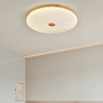 Traditional Japanese Round Pleated Acrylic Shade Wood LED Flush Mount Ceiling Light For Living Room