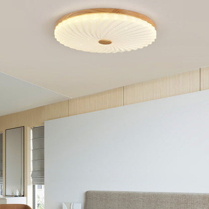 Traditional Japanese Round Pleated Acrylic Shade Wood LED Flush Mount Ceiling Light For Living Room