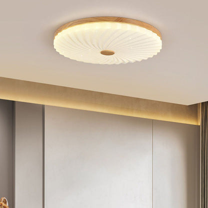 Traditional Japanese Round Pleated Acrylic Shade Wood LED Flush Mount Ceiling Light For Living Room