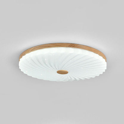 Traditional Japanese Round Pleated Acrylic Shade Wood LED Flush Mount Ceiling Light For Living Room