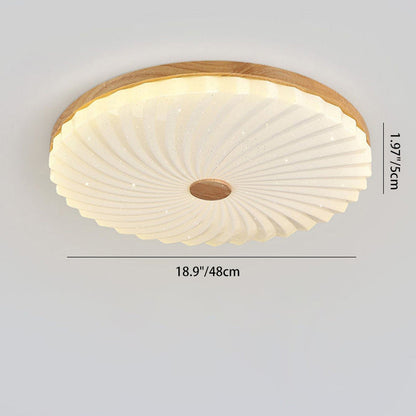 Traditional Japanese Round Pleated Acrylic Shade Wood LED Flush Mount Ceiling Light For Living Room