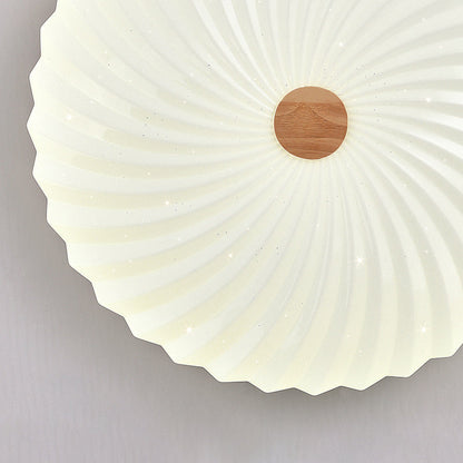 Traditional Japanese Round Pleated Acrylic Shade Wood LED Flush Mount Ceiling Light For Living Room