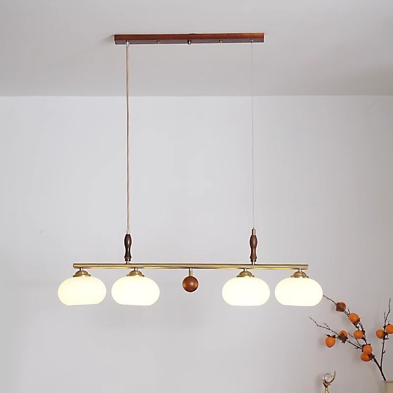 Traditional Vintage Wood Iron Glass Persimmon Round 3/4-Light Chandeliers Island Light For Living Room