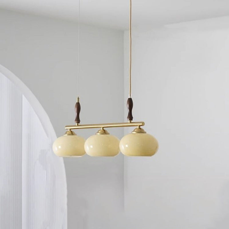 Traditional Vintage Wood Iron Glass Persimmon Round 3/4-Light Chandeliers Island Light For Living Room