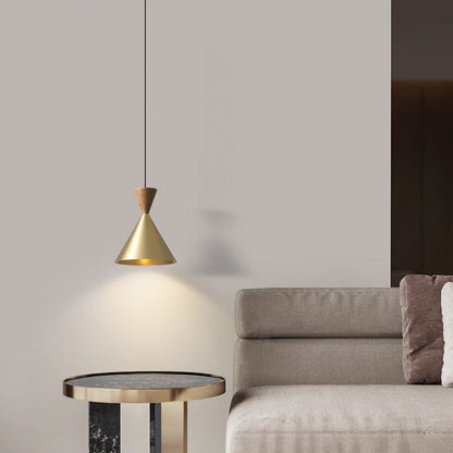 Contemporary Luxury Conical Dome Brass Wood 1-Light Pendant Light For Living Room