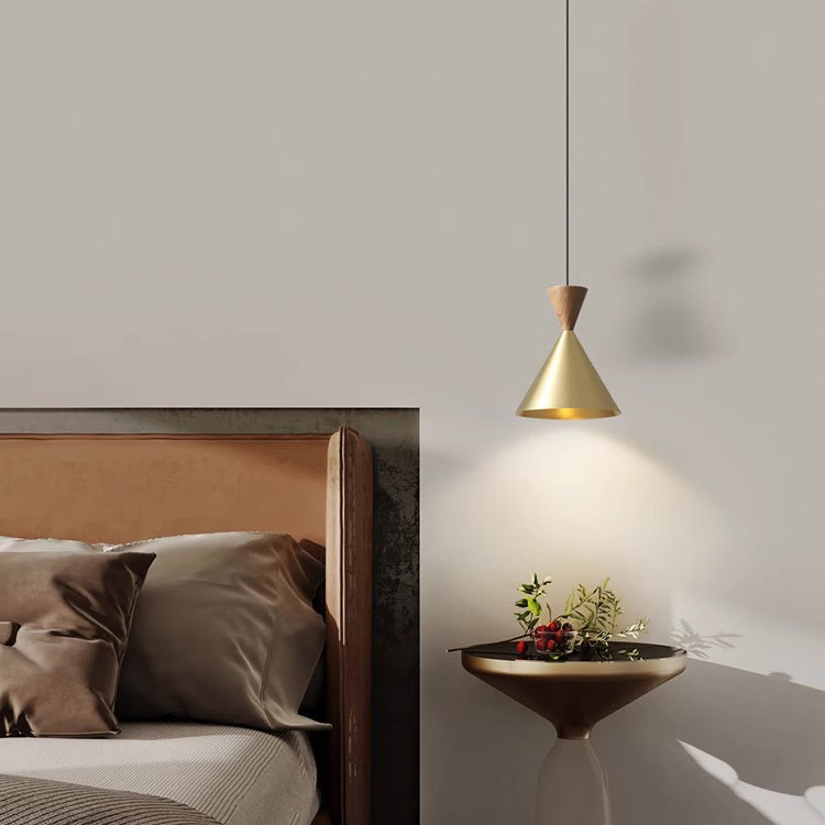 Contemporary Luxury Conical Dome Brass Wood 1-Light Pendant Light For Living Room
