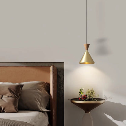 Contemporary Luxury Conical Dome Brass Wood 1-Light Pendant Light For Living Room
