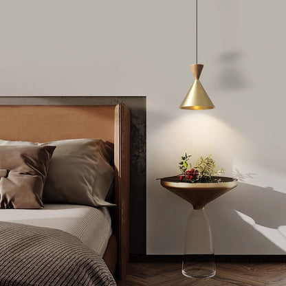 Contemporary Luxury Conical Dome Brass Wood 1-Light Pendant Light For Living Room