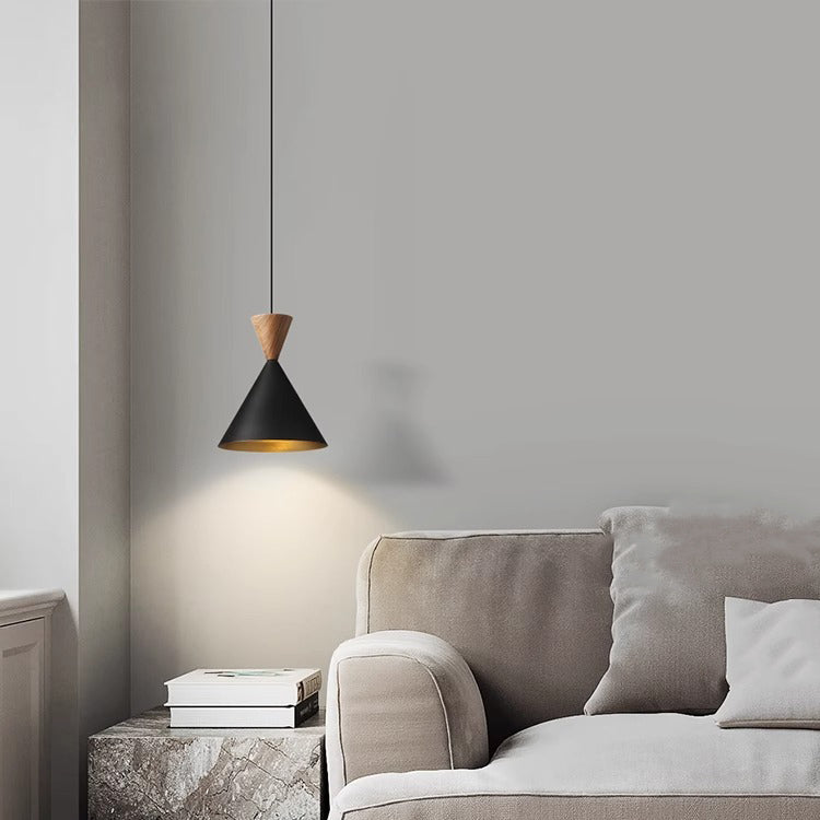 Contemporary Luxury Conical Dome Brass Wood 1-Light Pendant Light For Living Room