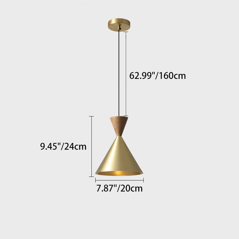Contemporary Luxury Conical Dome Brass Wood 1-Light Pendant Light For Living Room