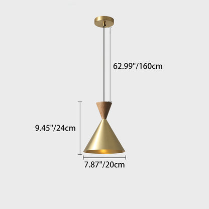 Contemporary Luxury Conical Dome Brass Wood 1-Light Pendant Light For Living Room