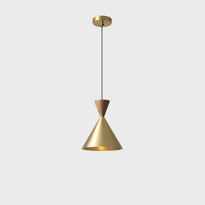 Contemporary Luxury Conical Dome Brass Wood 1-Light Pendant Light For Living Room