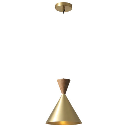 Contemporary Luxury Conical Dome Brass Wood 1-Light Pendant Light For Living Room