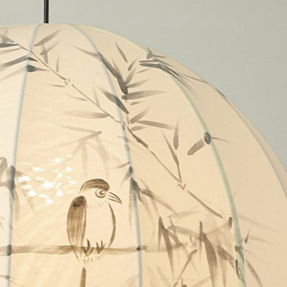 Traditional Chinese Metal Hand-Painted Bamboo Bird Pattern Fabric Round Shade 1-Light Pendant Light For Living Room