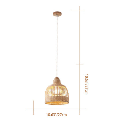 Traditional Japanese Cylinder Hemisphere Disc Base Rattan Bamboo 1-Ligth Pendant Light For Bedroom