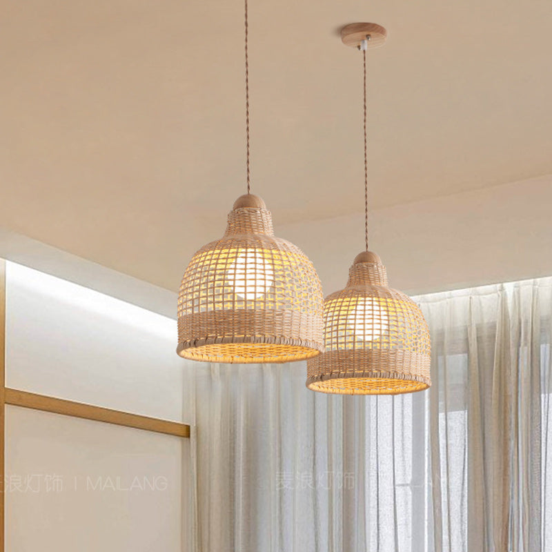 Traditional Japanese Cylinder Hemisphere Disc Base Rattan Bamboo 1-Ligth Pendant Light For Bedroom