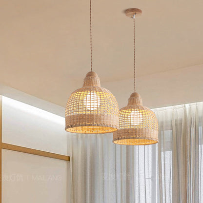 Traditional Japanese Cylinder Hemisphere Disc Base Rattan Bamboo 1-Ligth Pendant Light For Bedroom
